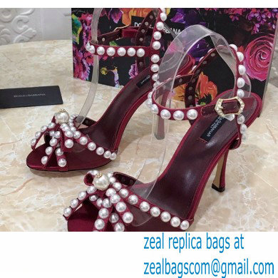 Dolce & Gabbana Heel 10.5cm Satin Sandals Burgundy with Pearl Application 2021